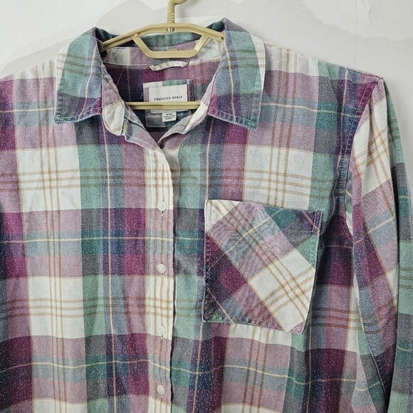 American Eagle Button Up Shirt Women M Purple Plaid Long Sleeve Cotton Blend Top - Picture 3 of 9
